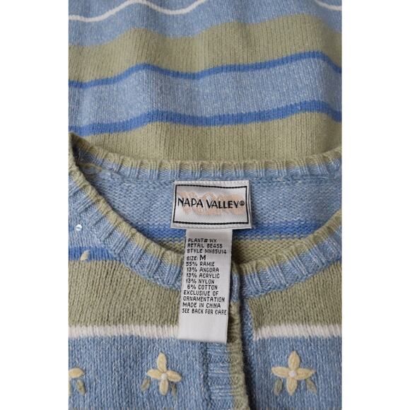 Napa Valley Cardigan Sweater Strips Embroidery Beading Green Blue Ramie Angora - Picture 7 of 11